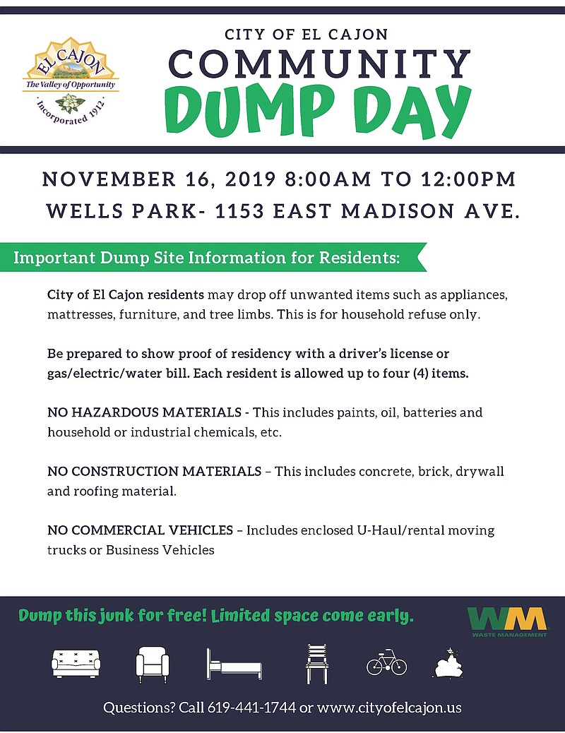 Community Dump Day Saturday, November 16, 2019, 8 a.m. to noon San