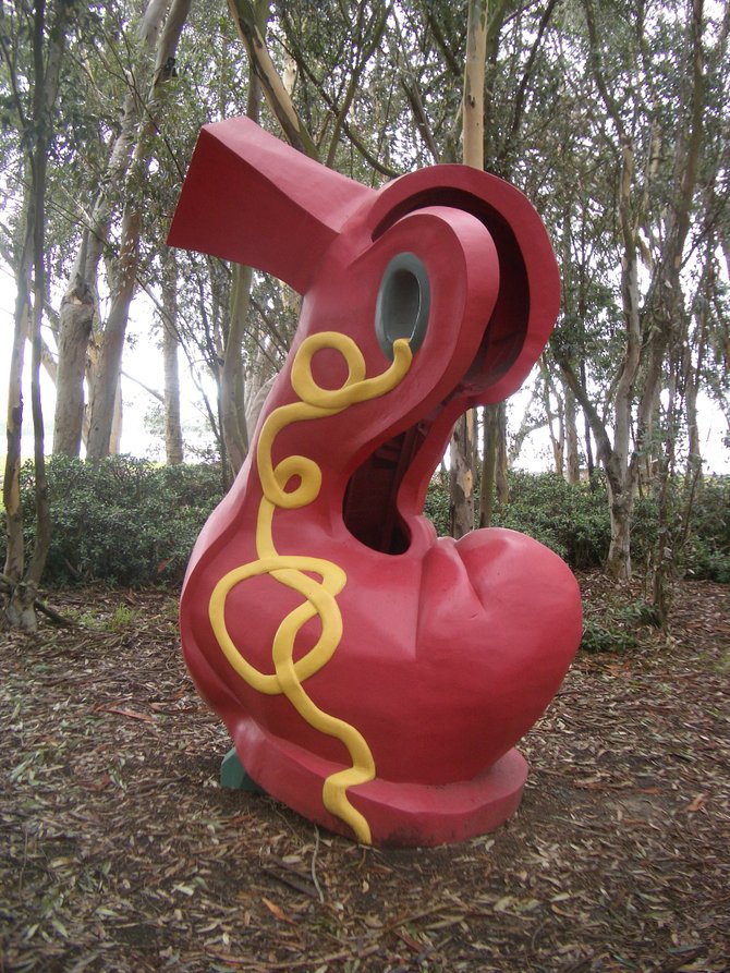 Elizabeth Murray's Red Shoe in a eucalyptus grove at UCSD
