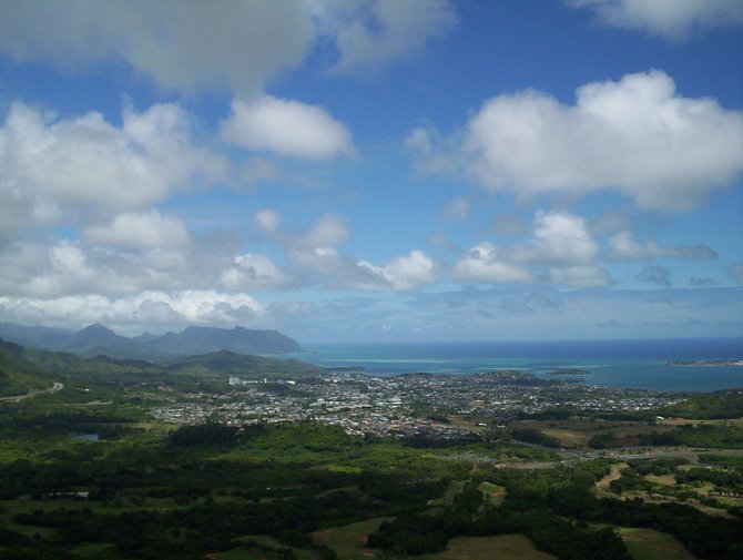 Shot from atop the Pali Lookout looking northwards towards Kaneohe on the island of Oahu.

