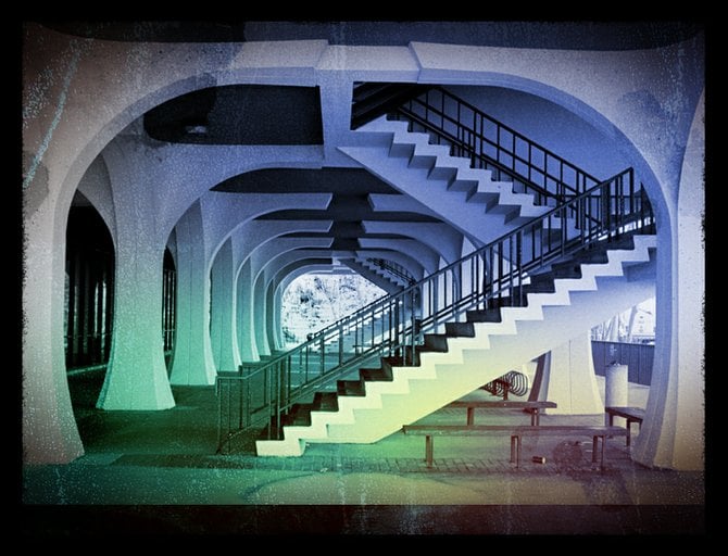 Library Stairs. Shot with black-and-white film, colorized and distressed in Photoshop. 
