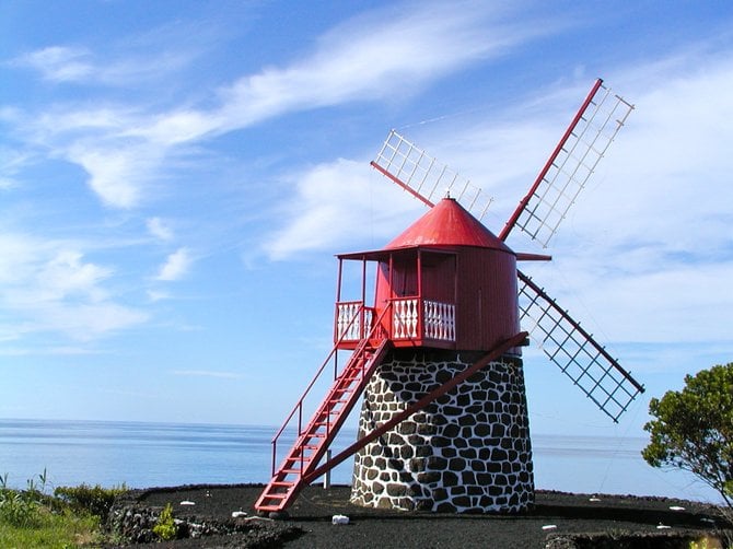 Windmill, used to grind corn, constructed with lava rock, Island of Pico, Azores