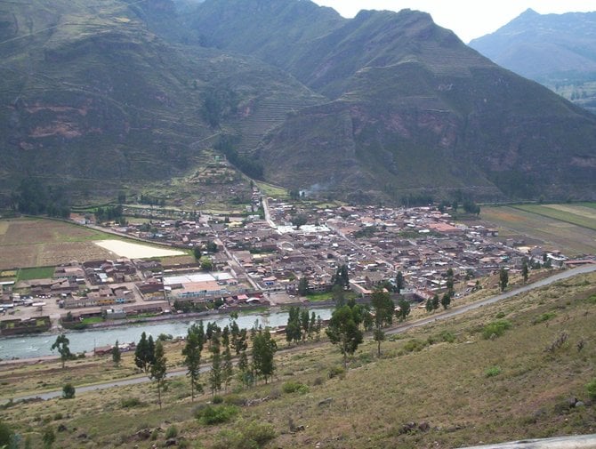 The town of Pisac, Peru.  It is located to the east of Cusco and was built into the shape of a bird.
