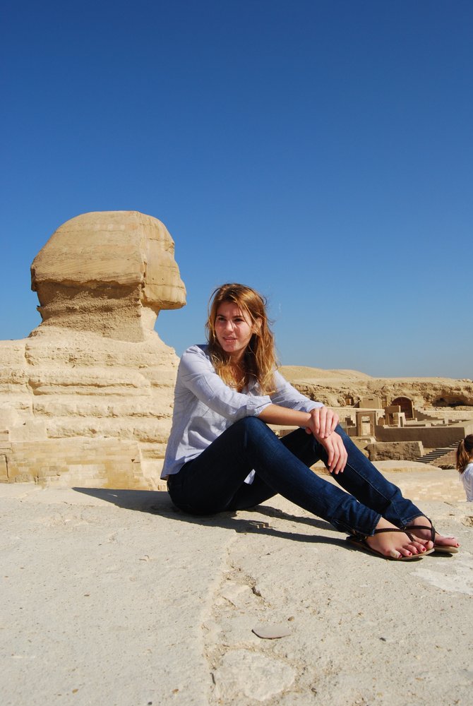 Picture of myself, the Sphinx is behind me and it is shockingly smaller than I had anticipated!  (Giza, Egypt)