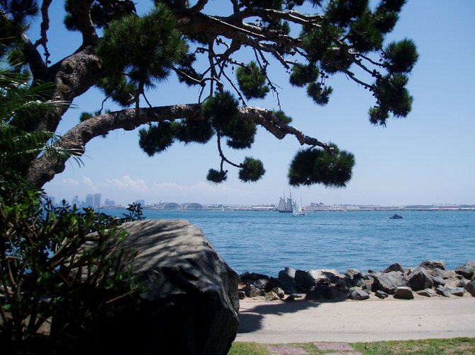 Taken from the garden at the Bali Hai restaurant on Shelter Island, you can see the tall ship the Californian out for a sail. 
