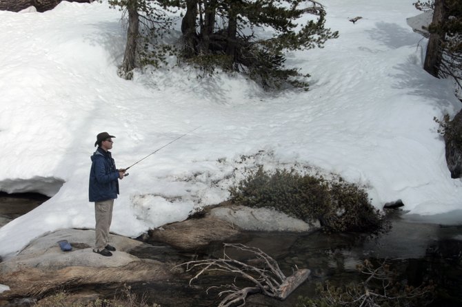 Fishing in Slippers - in the snow in Sequoia National Forest