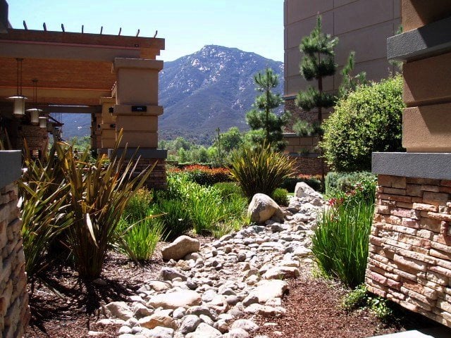 The folks who designed the Pala Casino chose some very good architects and landscape designers. Their hotel and casino buildings fit right in with the natural landscape of the area. This dry riverbed feature is situated next to the walkway that goes between the parking garage and the casino entrance.
