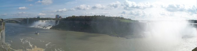 From the left to right: The Rainbow bridge connecting the US and Canada, American Falls, Bridal Veil Falls, Goat Island, and then Horseshoe Falls.
