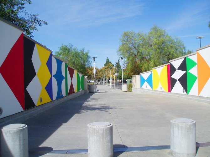 Artist Kim McConnel's mural on the bridge leading toward the entrance of the Art Museum at the California Center for the Arts Escondido.
