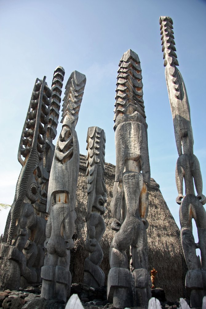 Wood carvings at Pu'uhonua o Honaunau National Historical Park, aka:"  Place of Refuge.
