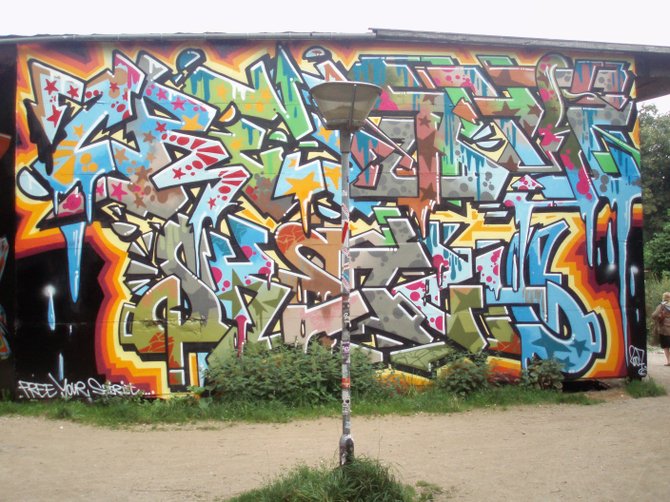 A mural on a building in the community of Christiania in Copenhagen, Denmark
