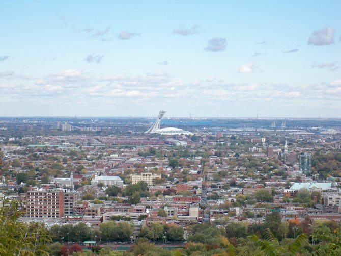 The Olympic Stadium as seen from atop Mont Royal Park in Montreal.  
