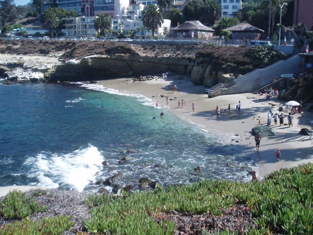 Another view of La Jolla Cove with the famous "Red Rest" and "Red Roost" cottages in the background. 