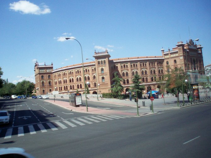 The bullring in Madrid, Spain, La Plaza de Toros de Las Ventas. Built in 1929, it has presented bullfights since 1931. Bullfights here are not "bloodless."