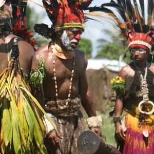 Members of a Papua New Guinea Highlands tribe prepare for a traditional dance ceremony.  
