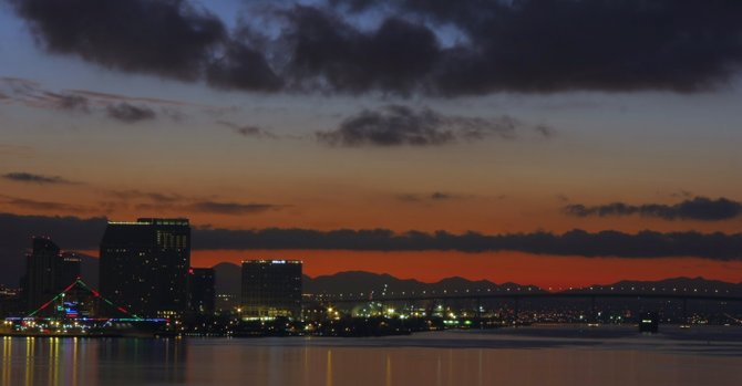 The USS Midway and the Coronado Bay Bridge at sunrise.