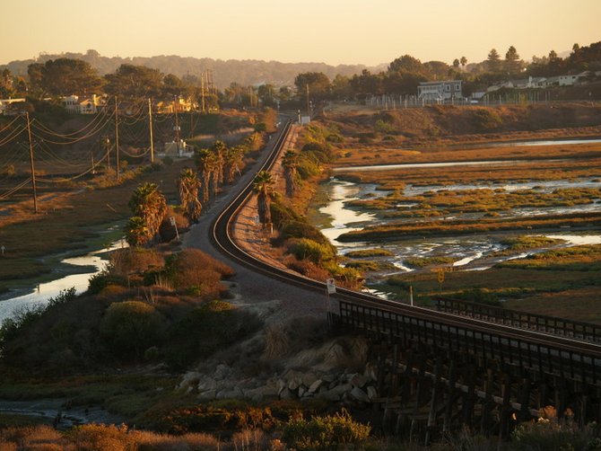 Train tracks at sunset