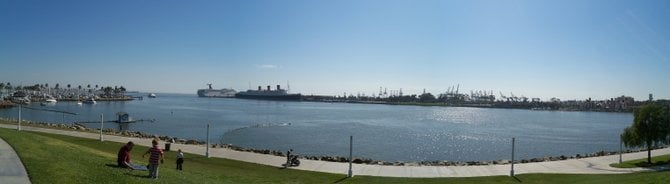 Panoramic shot of Long Beach Harbor with the Queen Mary in the distance.