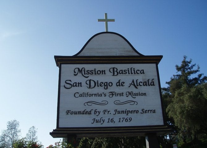 The sign in front of Mission Basilica San Diego de Alcala.