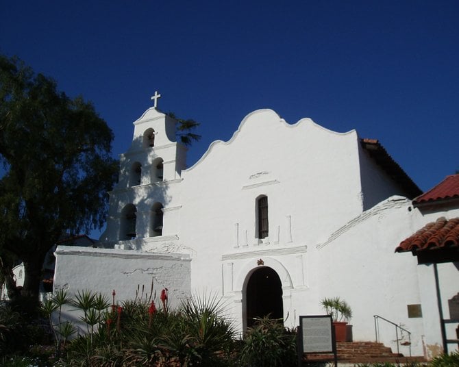 The facade at Mission Basilica San Diego de Alcala. The mission is a National Historic Landmark and is listed as a California Historic Landmark # 242 and a City of San Diego Historic Designation
#113.  