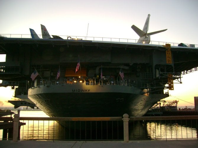 Battleship at the harbor front.