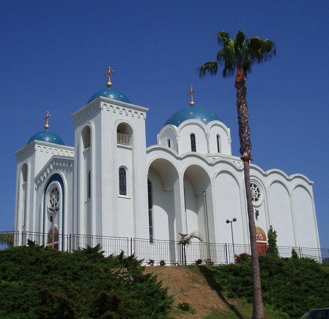 This is a view of St. George's Serbian Orthodox Church located at 3025 Denter Street in Bay Park. This church was established in 1952 and the building was officially dedicated in 1969. According to tileheritage.org the church building was designed by architect George Lykos and the extraordinary interior mosaics were provided and designed by Geiovanni Nastrucci who woked for a Mexico City company called Mosaicos Italianos. The mosaics were installed by Publio Cavallini and Son after the tiles were shipped first to Tijuana and then to San Diego.
