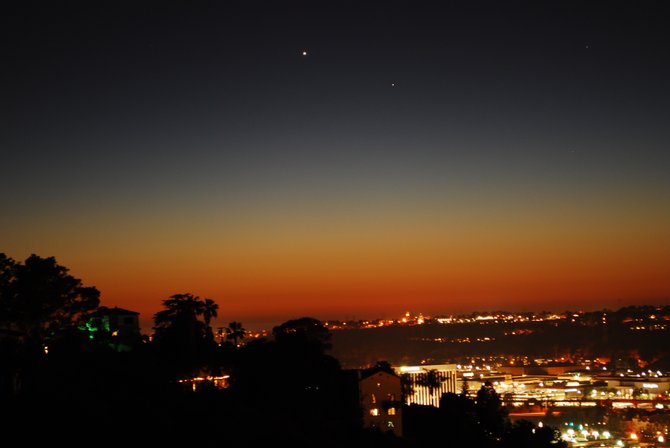Mission Valley right after sunset with bright Venus and Mercury to the lower right.
