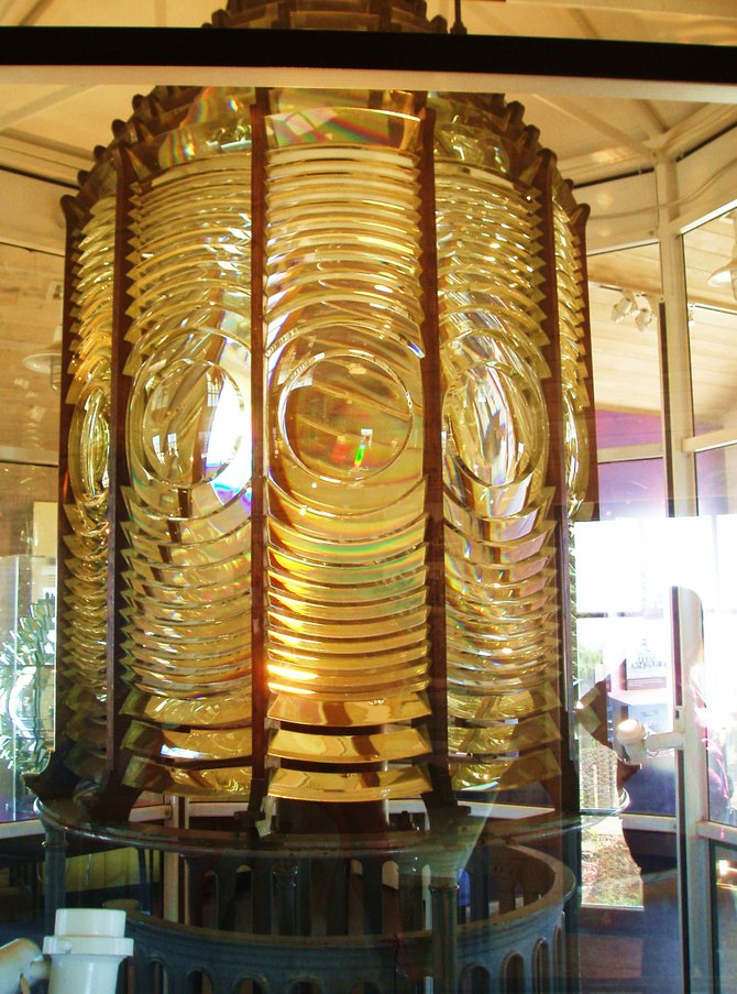 This is a Fresnel lens from the "New" Point Loma lighthouse, on display in the exhibition building next to the "Old" Point Loma Lighthouse. There was also a third lighthouse in San Diego, located at Ballast Point. The lens from that lighthouse is also on display in the exhibition building.  Check out lighthousefriends.com to read more about the history of San Diego's three lighthouses.
