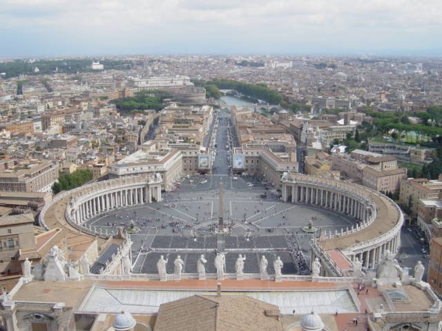Looking down at Piazza San Pietro from high above Vatican City.  Some say it is shaped like a key because the Vatican is the doorway to heaven.