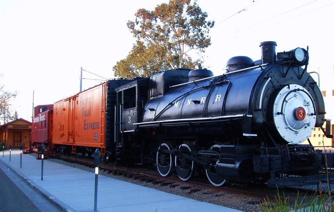 This is a restored steam train locomotive engine at the La Mesa Depot, part of the Pacific Southwest Railroad Museum in La Mesa. You can find the museum at the intersection of Spring Street and La Mesa Blvd. Free tours of the train cars and depot building are given on weekend afternoons.