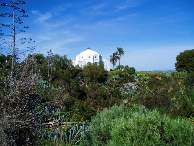 This is a long view of the Rosicrucian Fellowship Temple in Oceanside. There are gardens and hiking trails spread amongst the grounds, which are open to the public. 