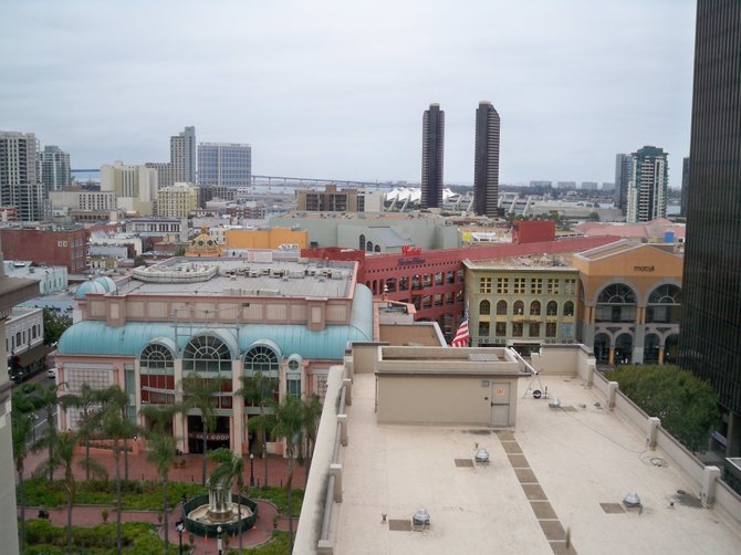 View of Horton Plaza and beyond from the US Grant Hotel
