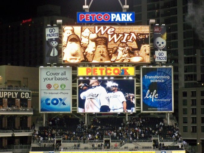 The scoreboard at Petco Park says it all after the Padres beat the Giants on May 17th, 2010