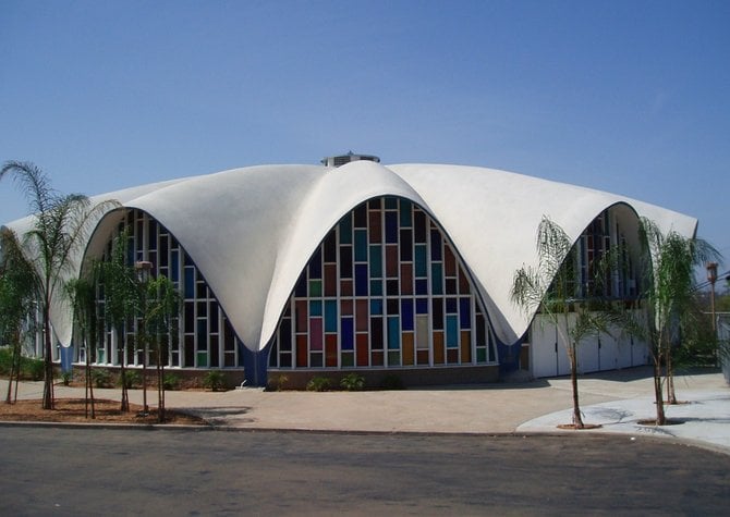 This is Canyon Ridge Baptist Church (formerly Calvary Southern Baptist Church) located at 6866 Linda Vista Road. The building, built in 1961, is a fine example of California mid-century architecture. The new church is renovating the building and will remove all of these colorful windows and replace them with a cross motif. If you are interested in this type of architecture, come see it now, before it is remodeled. 
