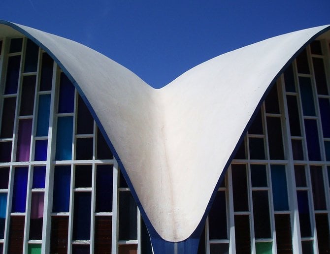 An architectural detail of the windows and "clamshell" roofline of the Canyon Ridge Baptist Church. Come check it out before it is remodeled. 
