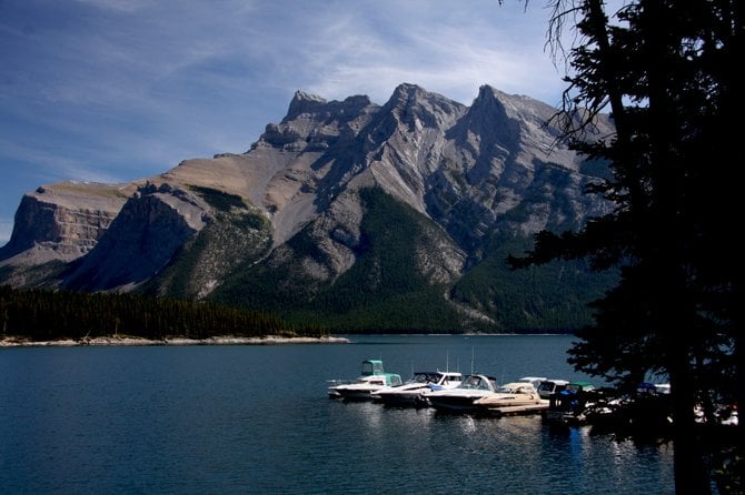 This photo of Lake Minnewanka was taken at Banff National Park in Canada.
