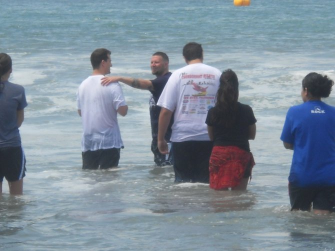 Line-Up for a Baptism from Pastor Tommy Mosley of the Rock Church at North Beach Coronado.