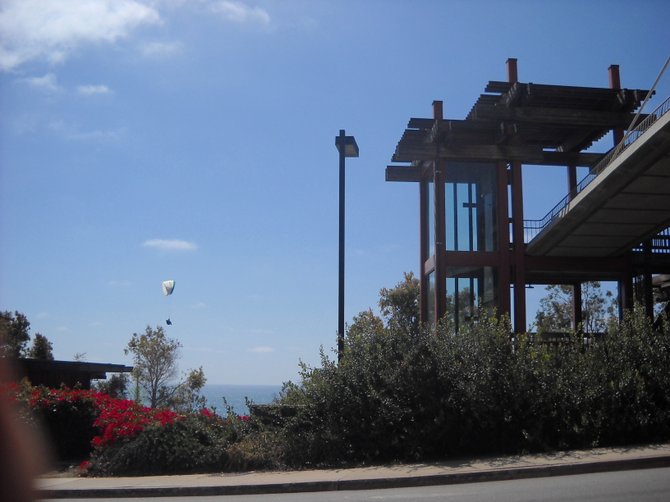 Hang-gliders soaring over Pacific Ocean-taken from hill above La Jolla Shores Drive.
