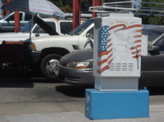 Patriotic utility box art on the corner of Ebers and Voltaire Streets in Ocean Beach.
