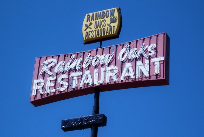 This is a very cool old neon sign for the newly remodeled Rainbow Oaks Restaurant located at 4815 5th Street in Rainbow. This sign has been here ever since I was a little kid when we would drive north up the old 395 highway before the 15 freeway went through this part of town. The restaurant itself (which opened in 1949) and the menu were updated in April of 2009 and although I've yet to eat there, word in the blogosphere suggests that they feature terrific 50's diner style/steakhouse food. It's on my list of places I've always wanted to try, maybe next week I'll go!