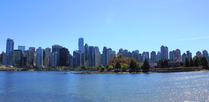 Photo from August 2010 of Vancouver skyline, taken from
Stanley Park. Stanley Park is more than 10% larger than New York City's
Central Park, and a scenic 5.5 miles seawall provides amazing views
along the way, including this one.
