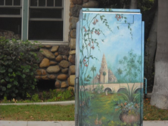 Colorful utility box art on the corner of Laurel and 6th.