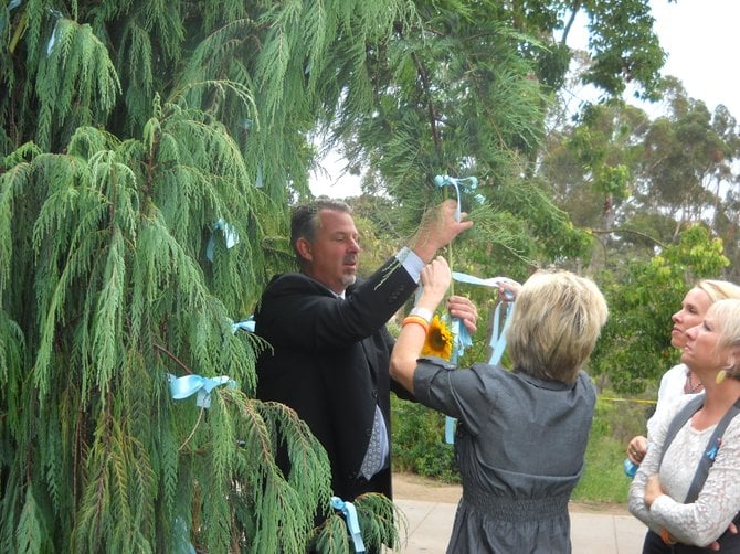 Chelsea's Light Facebook group members decorating a tree with sunflowers and blue ribbons before the Governor signs the new Chelsea's Law.
