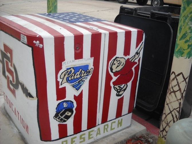 Padres-inspired utility box art near West Pt. Loma Blvd.