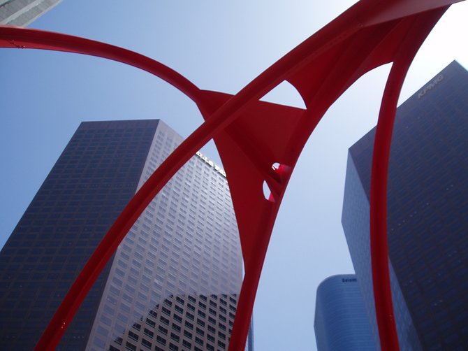  This is a view from underneath Alexander Calder's 1974 sculpture "Four Arches" located in the Bank of America Plaza at 333 South Hope Street in the Bunker Hill area of Downtown Los Angeles.