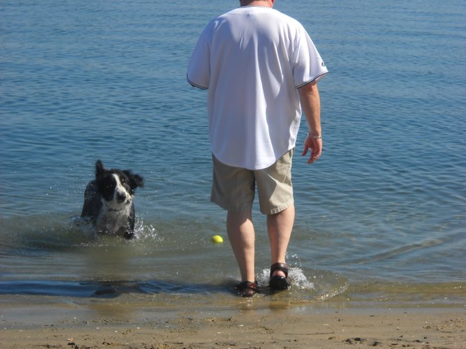 A man and his dog along Kellogg Beach in Point Loma.