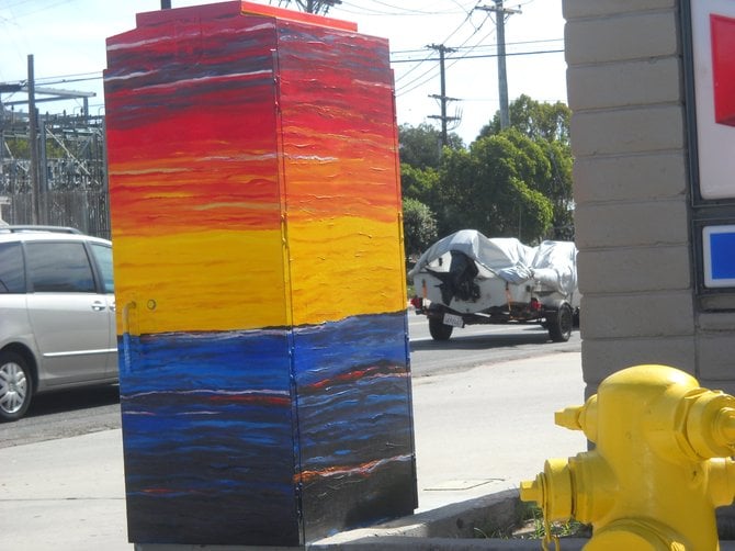 Van Gogh-like painted utility box art on the corner of Ingraham and Garnet in Pacific Beach.