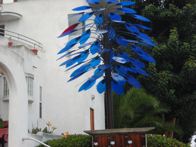 Plastic tree in front of a home along Jewell Street in Pacific Beach.