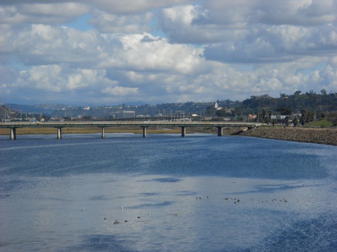 Looking east from the Sunset Cliffs bridge over the San Diego River in Ocean Beach.