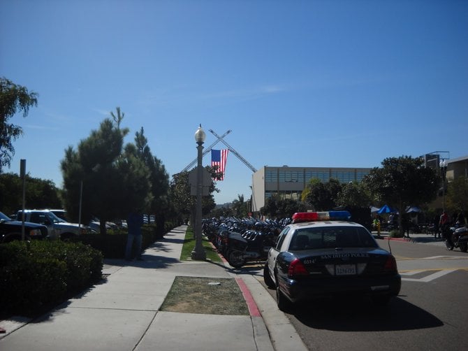 Lotsa cop cars and motorcycles out in front of the Rock Church for Officer Chris Wilson's Memorial Service.