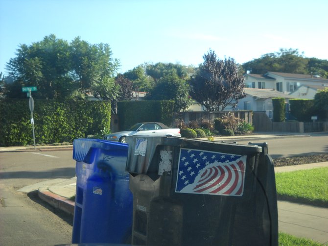 Just as utility boxes have artwork on them, so do the trash cans...in patriotic Ocean Beach!